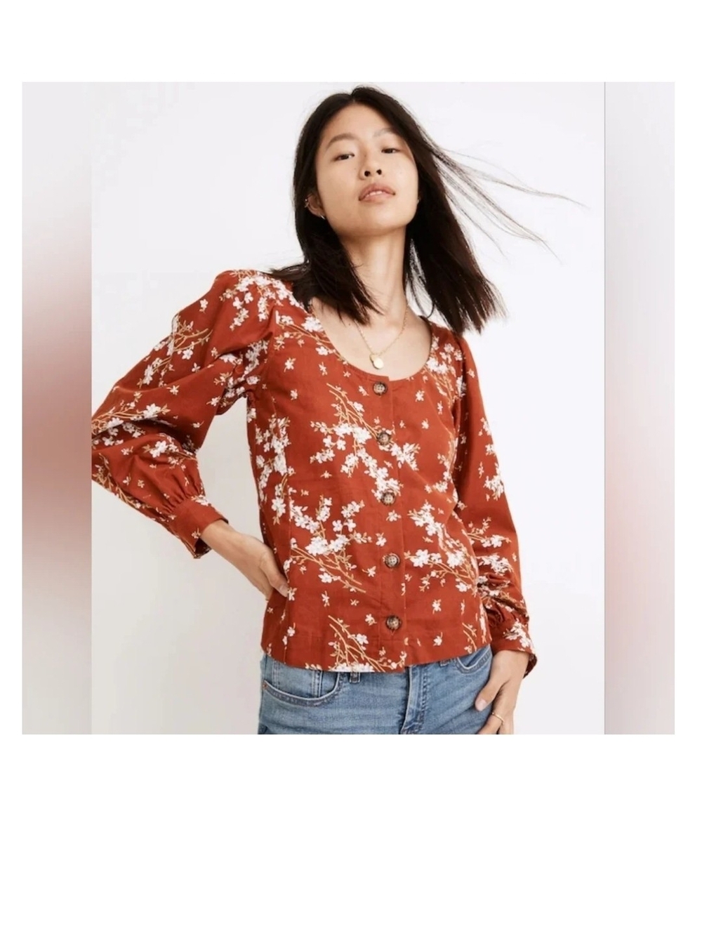 Madewell Top Corduroy Button Front Shirred Sleeve Red Farmstand Bouquet S